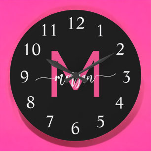 Hot Pink Black Modern Script Girly Monogram Name Large Clock