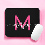 Hot Pink Black Modern Script Girly Monogram Name Mouse Mat<br><div class="desc">Add a pop of colour to your workspace with our Hot Pink Modern Script Girly Monogram Name Mouse Pad! Featuring a vibrant hot pink design and personalised with your name in a chic modern script, this mouse pad blends style with practicality. The smooth surface ensures precise mouse movements, while the...</div>