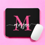Hot Pink Black Modern Script Girly Monogram Name Mouse Mat<br><div class="desc">Add a pop of colour to your workspace with our Hot Pink Modern Script Girly Monogram Name Mouse Pad! Featuring a vibrant hot pink design and personalised with your name in a chic modern script, this mouse pad blends style with practicality. The smooth surface ensures precise mouse movements, while the...</div>