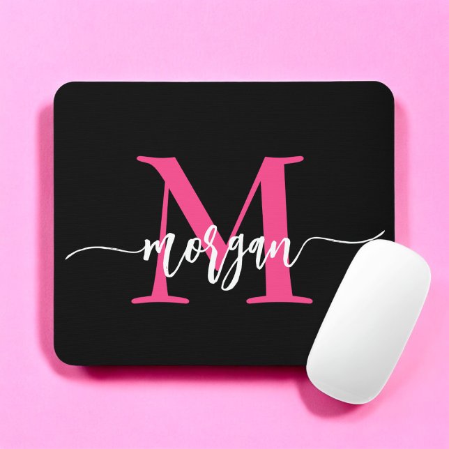 Hot Pink Black Modern Script Girly Monogram Name Mouse Mat (Creator Uploaded)