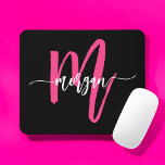 Hot Pink Black Modern Script Girly Monogram Name Mouse Mat<br><div class="desc">Add a pop of colour to your workspace with our Hot Pink Modern Script Girly Monogram Name Mouse Pad! Featuring a vibrant hot pink design and personalised with your name in a chic modern script, this mouse pad blends style with practicality. The smooth surface ensures precise mouse movements, while the...</div>