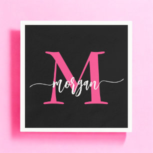 Hot Pink Black Modern Script Girly Monogram Name Napkin