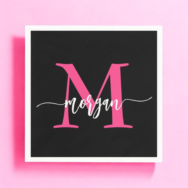 Hot Pink Black Modern Script Girly Monogram Name Napkin (Creator Uploaded)