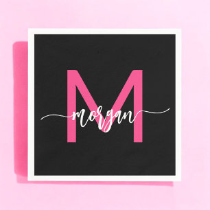 Hot Pink Black Modern Script Girly Monogram Name Napkin
