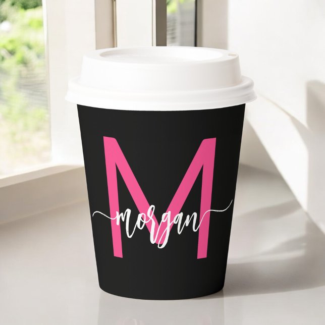 Hot Pink Black Modern Script Girly Monogram Name Paper Cups (Creator Uploaded)