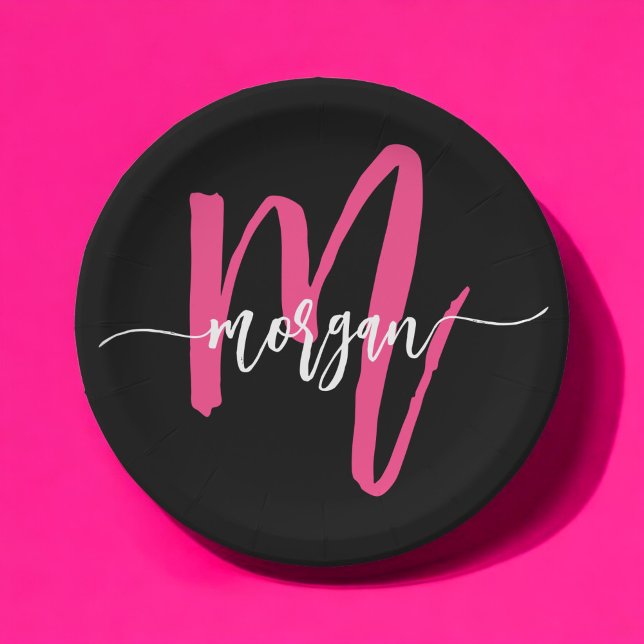 Hot Pink Black Modern Script Girly Monogram Name Paper Plate (Creator Uploaded)