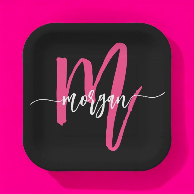 Hot Pink Black Modern Script Girly Monogram Name Paper Plate (Creator Uploaded)