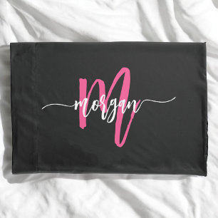 Hot Pink Black Modern Script Girly Monogram Name Pillowcase
