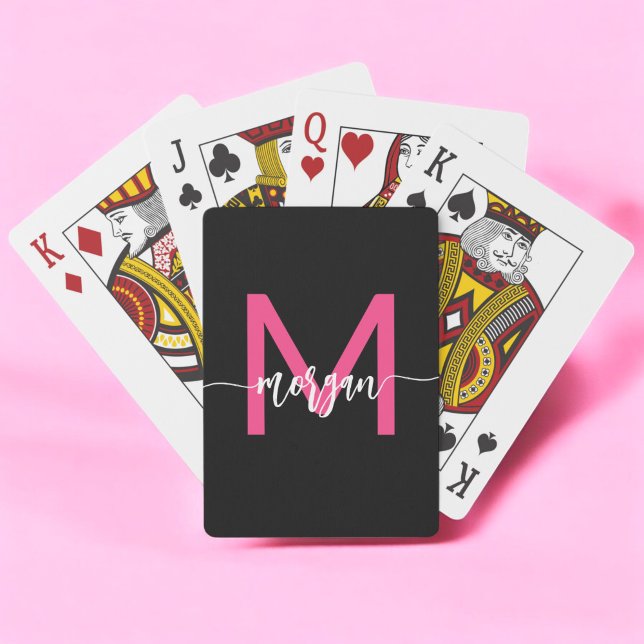 Hot Pink Black Modern Script Girly Monogram Name Playing Cards (Creator Uploaded)