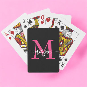 Hot Pink Black Modern Script Girly Monogram Name Playing Cards