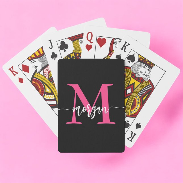 Hot Pink Black Modern Script Girly Monogram Name Playing Cards (Creator Uploaded)