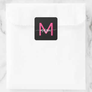 Hot Pink Black Modern Script Girly Monogram Name Square Sticker