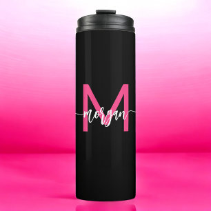 Hot Pink Black Modern Script Girly Monogram Name Thermal Tumbler