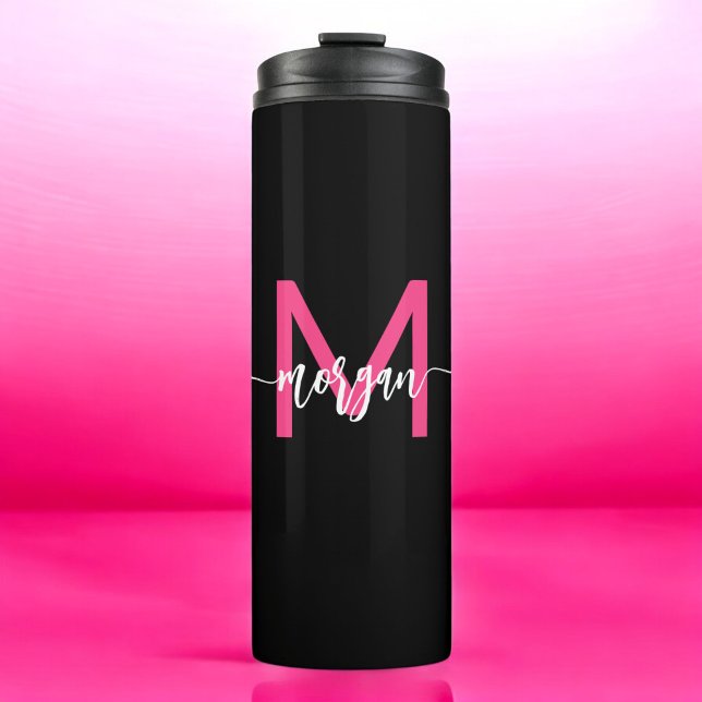 Hot Pink Black Modern Script Girly Monogram Name Thermal Tumbler (Creator Uploaded)