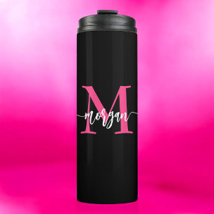 Hot Pink Black Modern Script Girly Monogram Name Thermal Tumbler