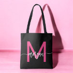 Hot Pink Black Modern Script Girly Monogram Name Tote Bag<br><div class="desc">Carry your essentials in style with our Hot Pink Modern Script Girly Monogram Name Tote Bag! Featuring a bold hot pink design, this tote is personalised with your name in a chic modern script for a trendy, custom look. Perfect for shopping, school, or everyday use, it offers ample space and...</div>