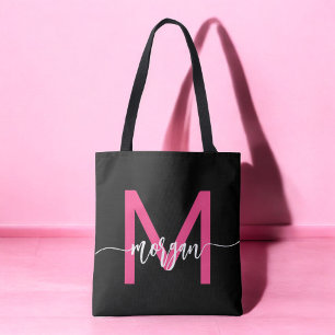 Hot Pink Black Modern Script Girly Monogram Name Tote Bag
