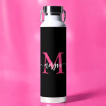 Hot Pink Black Modern Script Girly Monogram Name Water Bottle<br><div class="desc">Stay hydrated in style with our Hot Pink Modern Script Girly Monogram Name Water Bottle! Featuring a bold hot pink design, this water bottle is personalised with your name in an elegant modern script for a chic, custom touch. Perfect for school, workouts, or on-the-go, it’s made from durable, BPA-free materials...</div>