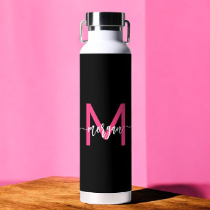 Hot Pink Black Modern Script Girly Monogram Name Water Bottle