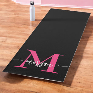 Hot Pink Black Modern Script Girly Monogram Name Yoga Mat