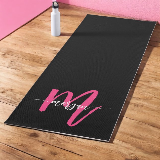 Hot Pink Black Modern Script Girly Monogram Name Yoga Mat (Creator Uploaded)