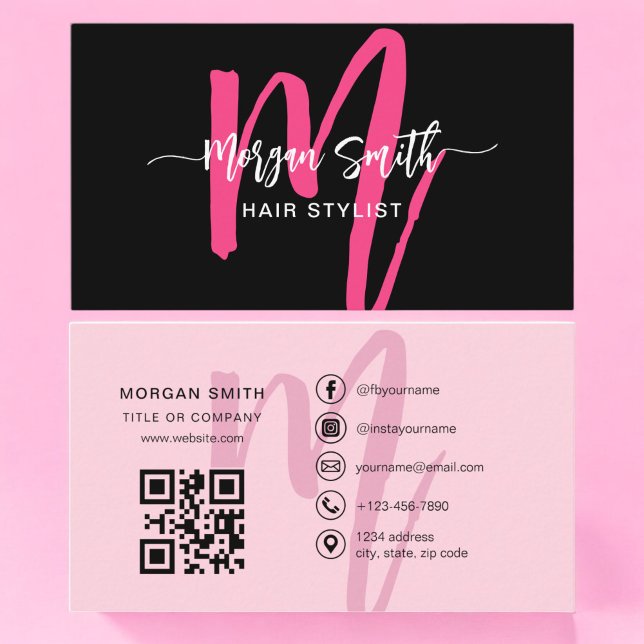Hot Pink Black Modern Script QR Code Monogram Name Business Card (Creator Uploaded)
