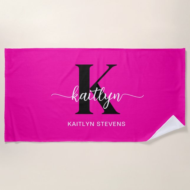 Hot Pink Black Monogram Beach Towel (Front)