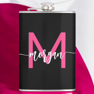 Hot Pink Black Monogram Girl's Bachelorette Party Hip Flask