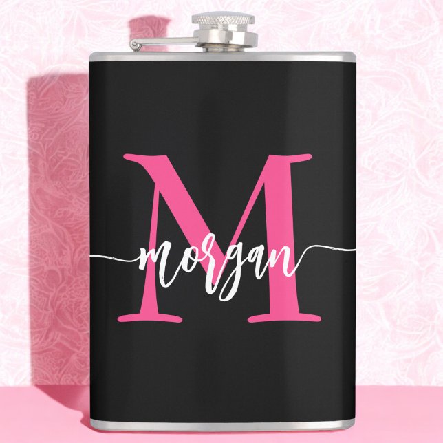 Hot Pink Black Monogram Girl's Bachelorette Party Hip Flask (Creator Uploaded)