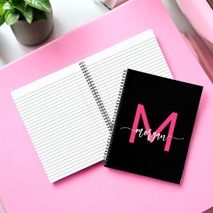 Hot Pink Black Monogram Girl's Back to School Notebook