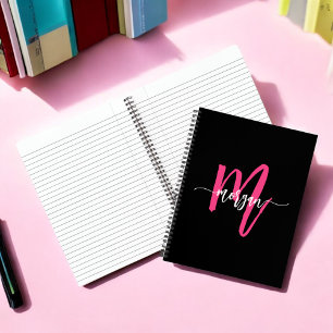 Hot Pink Black Monogram Girl's Back to School Notebook