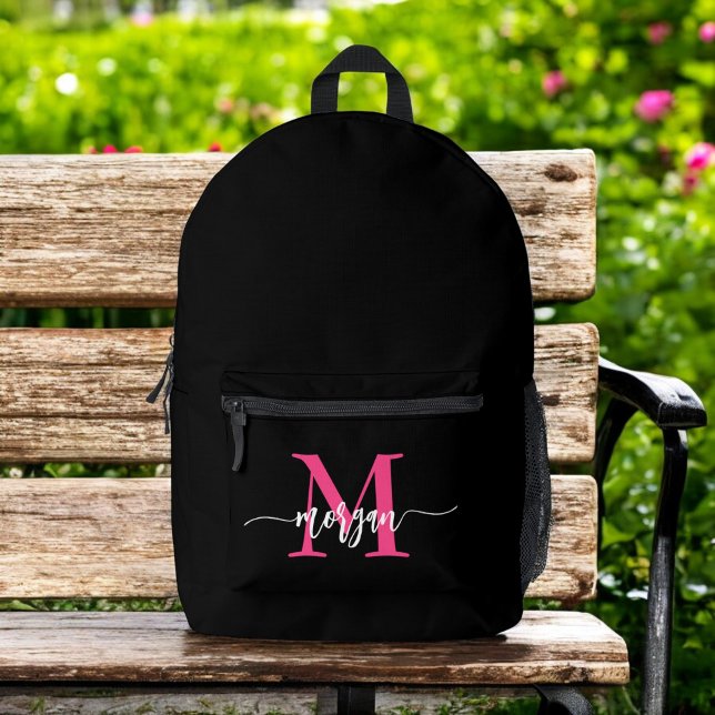 Hot Pink Black Monogram Girl's Back to School Printed Backpack (Creator Uploaded)