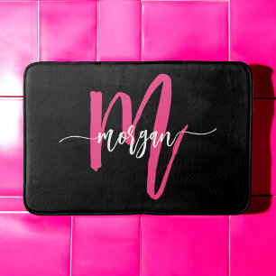 Hot Pink Black Monogram Girl's Dorm Room Bath Mat