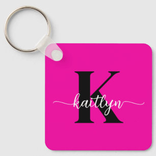 Hot Pink Black Monogram Key Ring