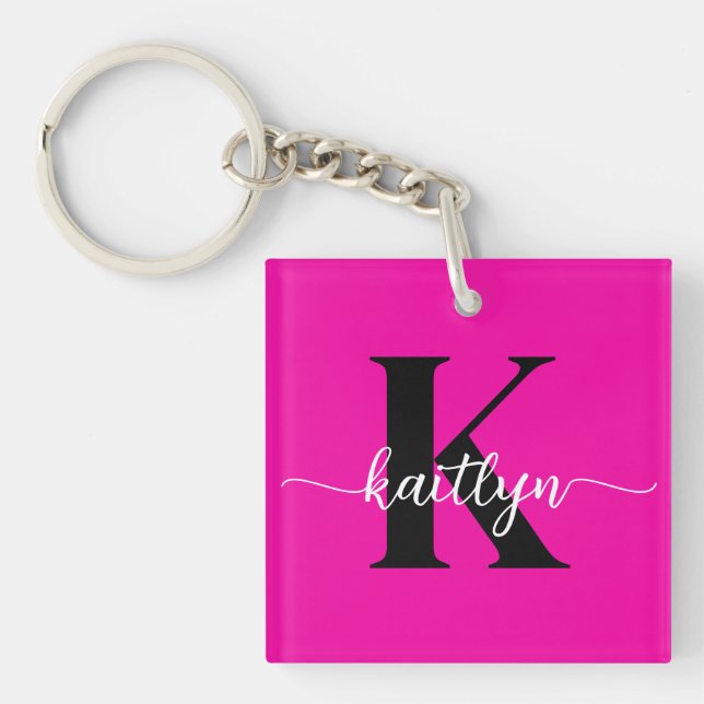 Hot Pink Black Monogram Key Ring (Front)
