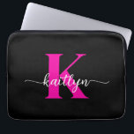 Hot Pink Black Monogram Laptop Sleeve<br><div class="desc">This simple,  elegant black 13" laptop sleeve with your first name in a trendy script font in white and your first initial in a modern cap font in hot pink is perfect for you.  It's stylish and trendy and yet very classic. It's unique - like you!</div>