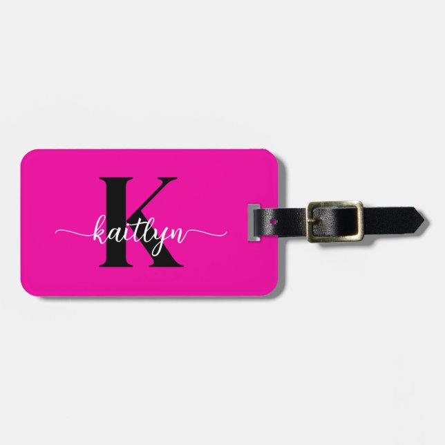Hot Pink Black Monogram Luggage Tag (Front Horizontal)