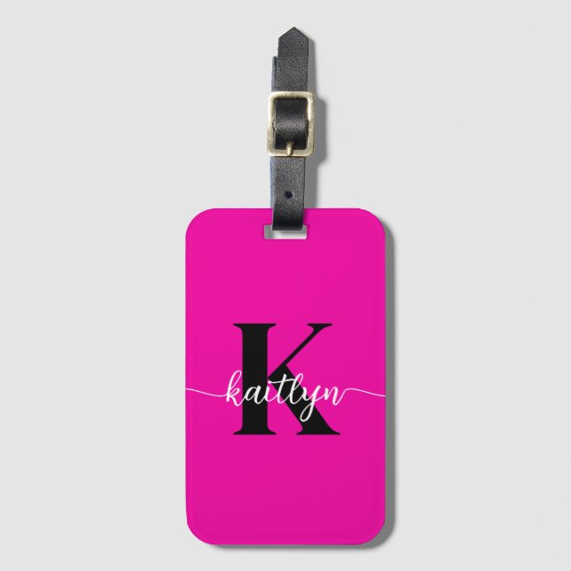 Hot Pink Black Monogram Luggage Tag (Front Vertical)