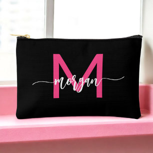 Hot Pink Black Monogram Name Girl's Script  Accessory Pouch