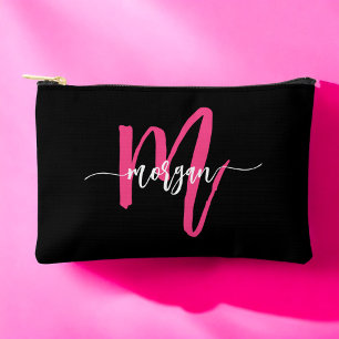 Hot Pink Black Monogram Name Girl's Script  Accessory Pouch
