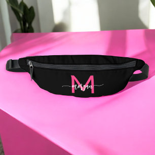 Hot Pink Black Monogram Name Girl's Script Bum Bags