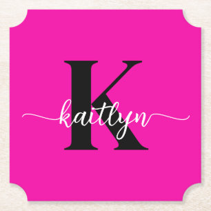 Hot Pink Black Monogram Paper Coaster
