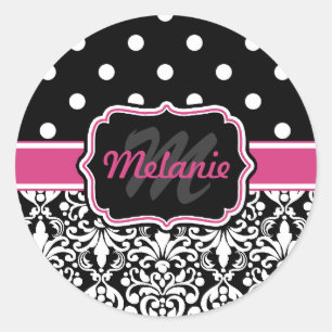 Hot Pink Black Monogrammed Damask Polka Dot Classic Round Sticker