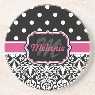 Hot Pink Black Monogrammed Damask Polka Dot Coaster