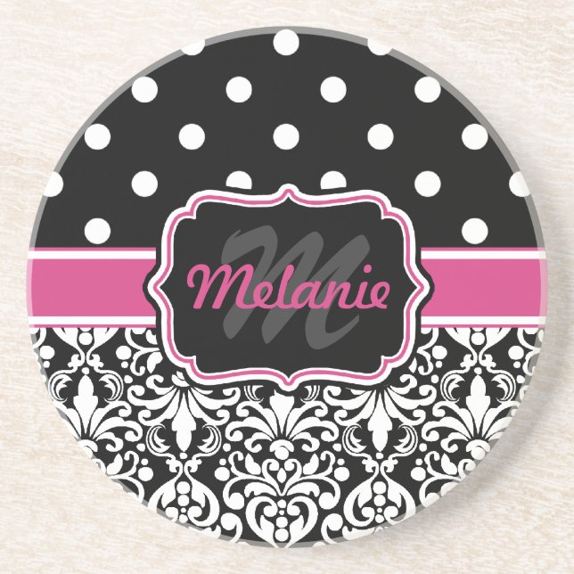 Hot Pink Black Monogrammed Damask Polka Dot Coaster (Front)