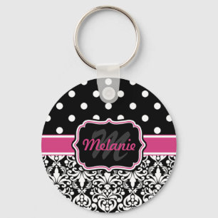 Hot Pink Black Monogrammed Damask Polka Dot Key Ring