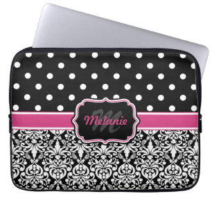 Hot Pink Black Monogrammed Damask Polka Dot Laptop Sleeve