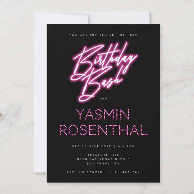 Hot Pink Black Neon Lights Girly Birthday Bash Invitation (Front)