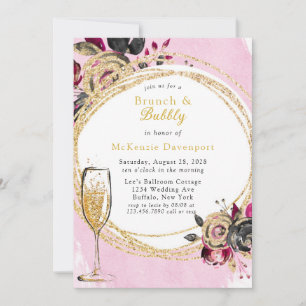 Hot Pink Black Peony Gold Brunch & Bubbly Invitation