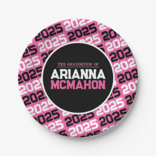 Hot Pink & Black Personalised Graduation Paper Plate